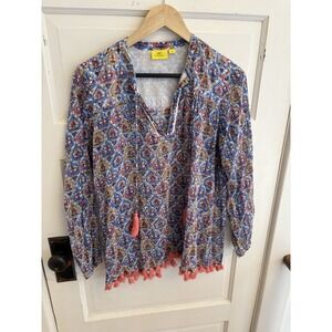 Roberta Roller Rabbit Akar‎ Josefina Blue Patterned Top 100% Cotton Size Small